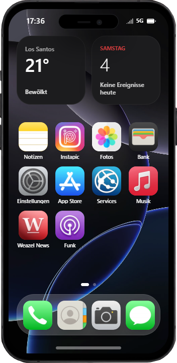 Screenshot unseres eigenen Ingame-Handy-Systems mit Apps wie Bank, Weazel News und Funk